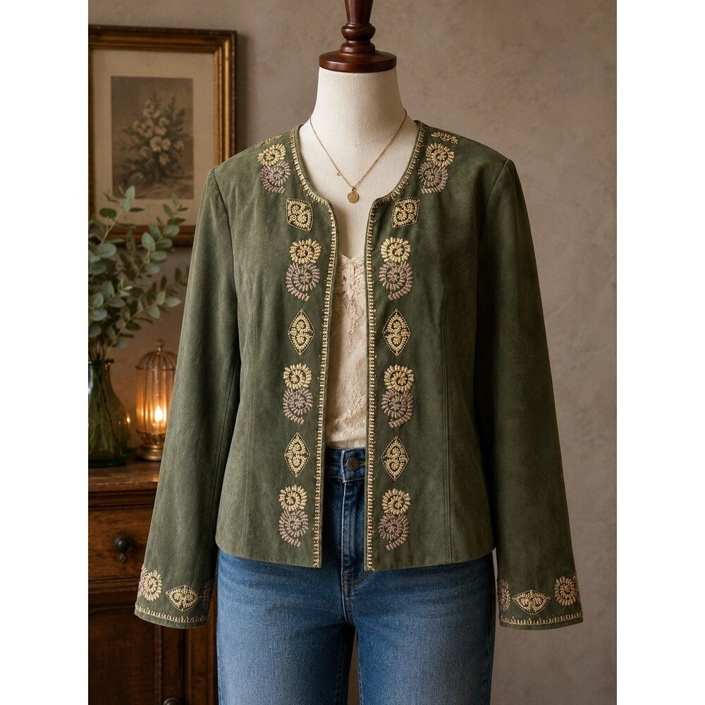 Olive Green Embroidered Faux Suede Jacket XL Dressbarn Boho Western Open Front